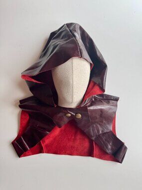Handmade Maroon Oxblood Red Leather Hood Cowl Cosplay Costume Role Play